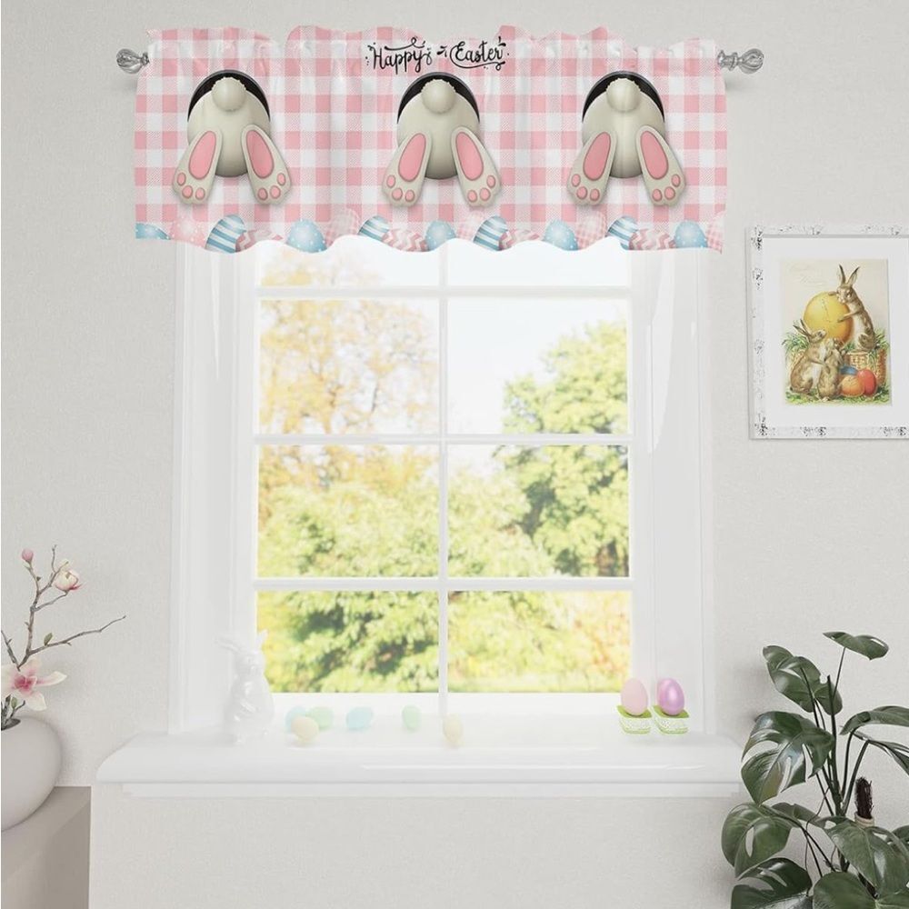 Easter Curtain Valances for Windows, Bunny Easter Eggs Floral Spring Pink Plaid - Picture 3 of 8